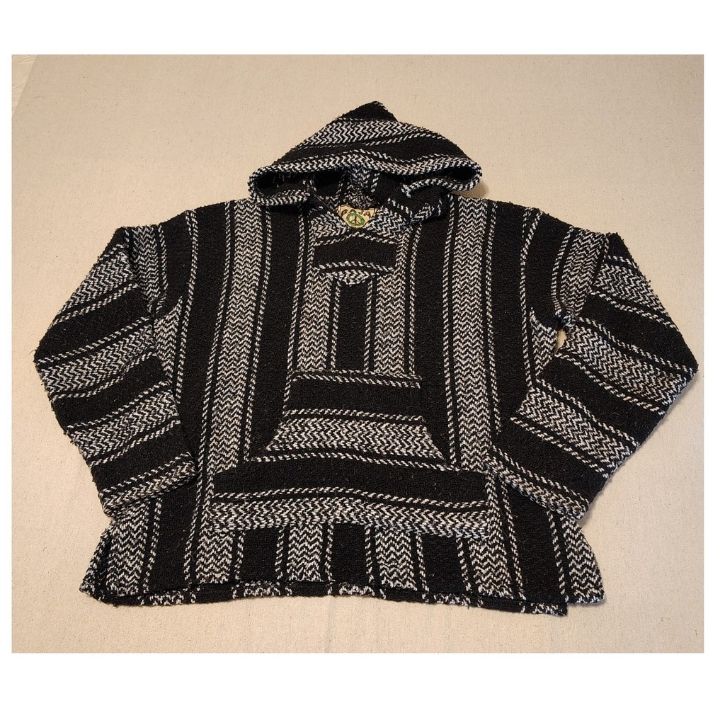 Baja Joe Striped Drug Rug Hoodie Black White Woven Pullover Mexico Small